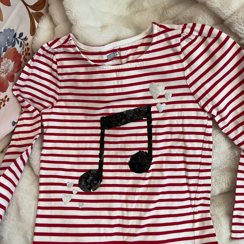 Crazy 8 Girls L 10/12 White Red Striped Sequin Music Note Long Sleeve Preppy Tee
